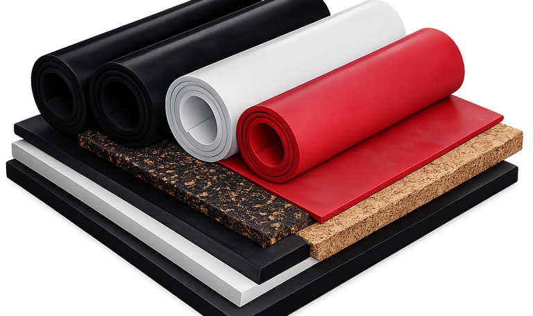 products_materials_rubber-materials_001 Technical rubber materials including black, white and red rubber sheet rolls, cork sheet and cork-rubber composite sheet arranged together on a transparent background.