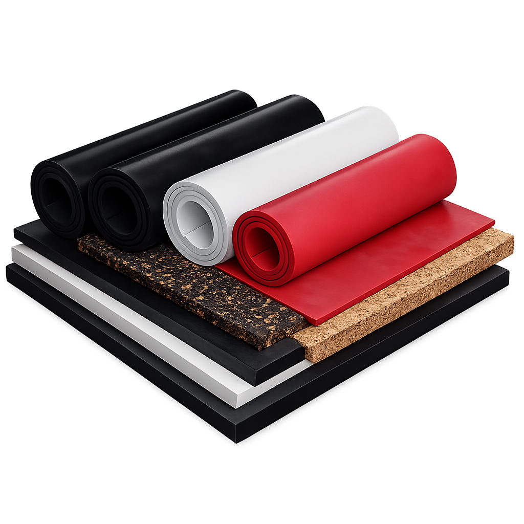 Technical rubber materials including black, white and red rubber sheet rolls, cork sheet and cork-rubber composite sheet arranged together on a transparent background.
