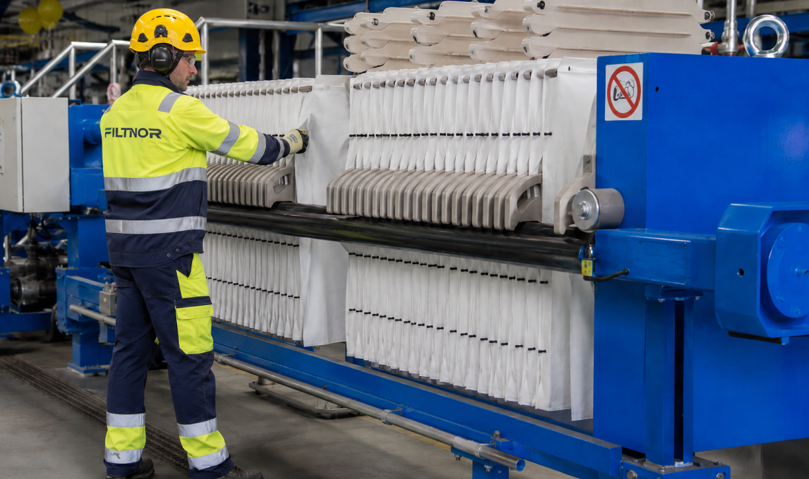 Nieuwe filterdoeken voor de filterpers geïnstalleerd door een Filtnor-servicemonteur.