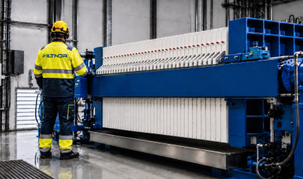 Filtnor technician inspecting new filter plates and a replacement filter plate pack for an industrial filter press