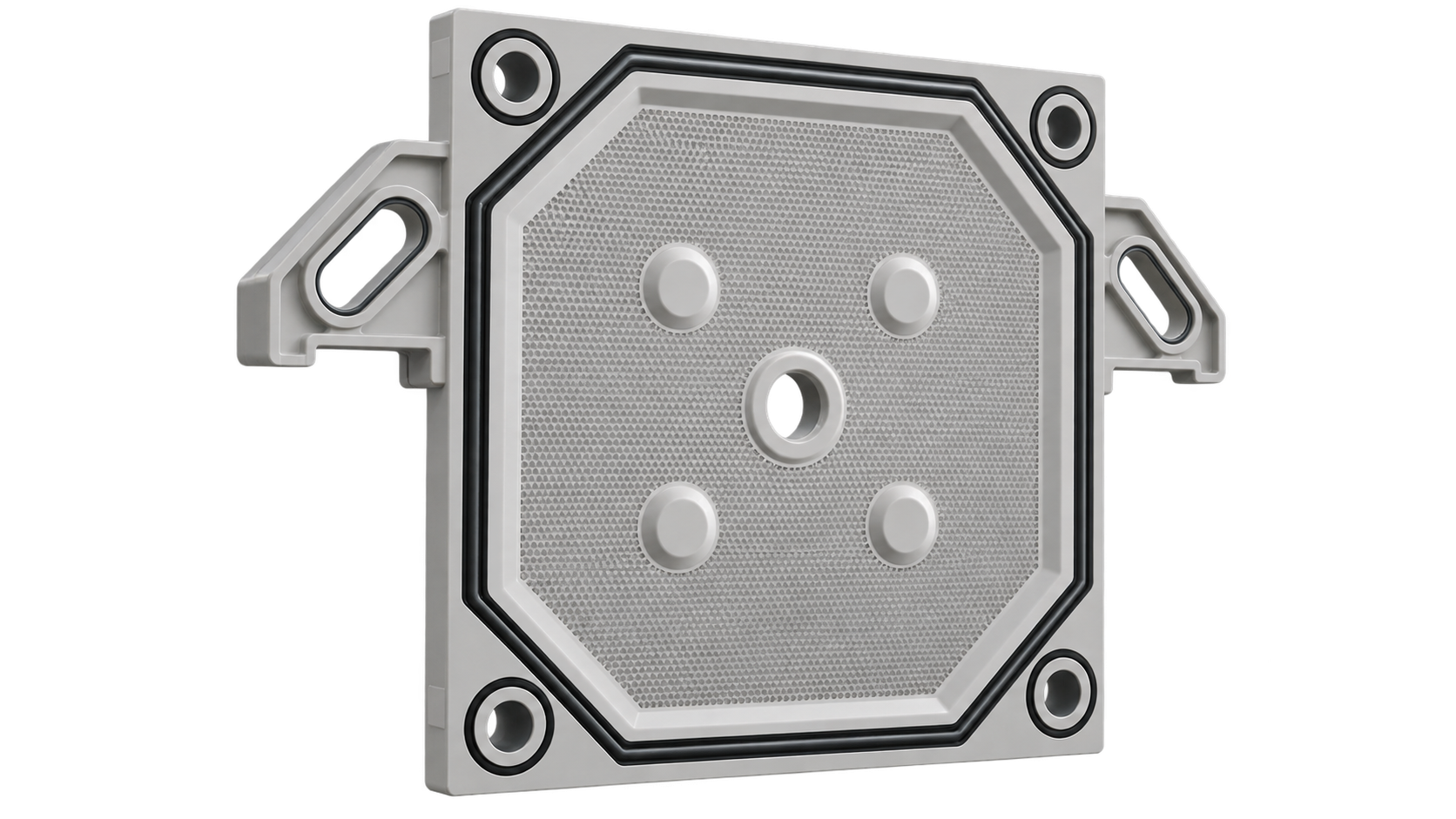 Gasketed Filter Plates for Industrial Filter Presses Industrial gasketed filter press plate with integrated sealing gaskets, recessed chamber and central feed opening.
