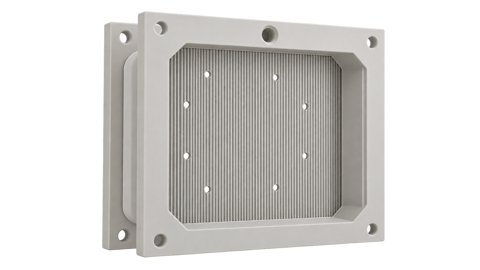 Plate & Frame Filter Elements for Industrial Filter Presses Industrial plate and frame filter elements in light grey polymer, featuring a ribbed filter plate and separate filter frame.